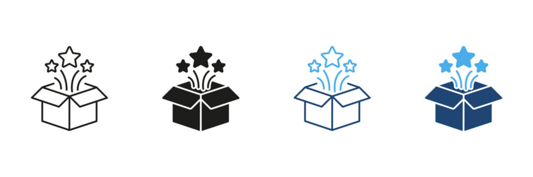 Open Box With Stars Line And Solid Icon Set. Surprise, Celebration, And Gift Unboxing Outline And Silhouette Symbol Collection. Festive Event And Excitement. Isolated Vector Illustration