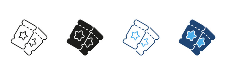 Two Event Tickets With Stars Line And Solid Icon Set. Entertainment, Admission, And Ticketing System Outline And Silhouette Symbol Collection. Concert And Movie Passes. Isolated Vector Illustration