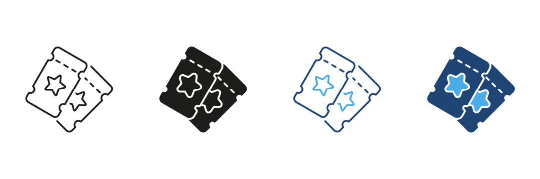 Two Event Tickets With Stars Line And Solid Icon Set. Entertainment, Admission, And Ticketing System Outline And Silhouette Symbol Collection. Concert And Movie Passes. Isolated Vector Illustration