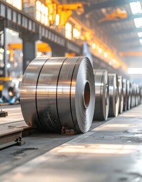 Large rolls of sheet metal in a factory setting, ready for processing.