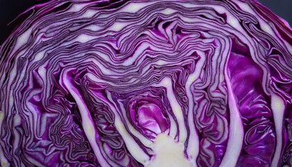 Obraz premium Closeup Of Vibrant Purple Cabbage Texture Showing Intricate Swirling Patterns And Layers Against A Dark Background For A Striking Visual Contrast
