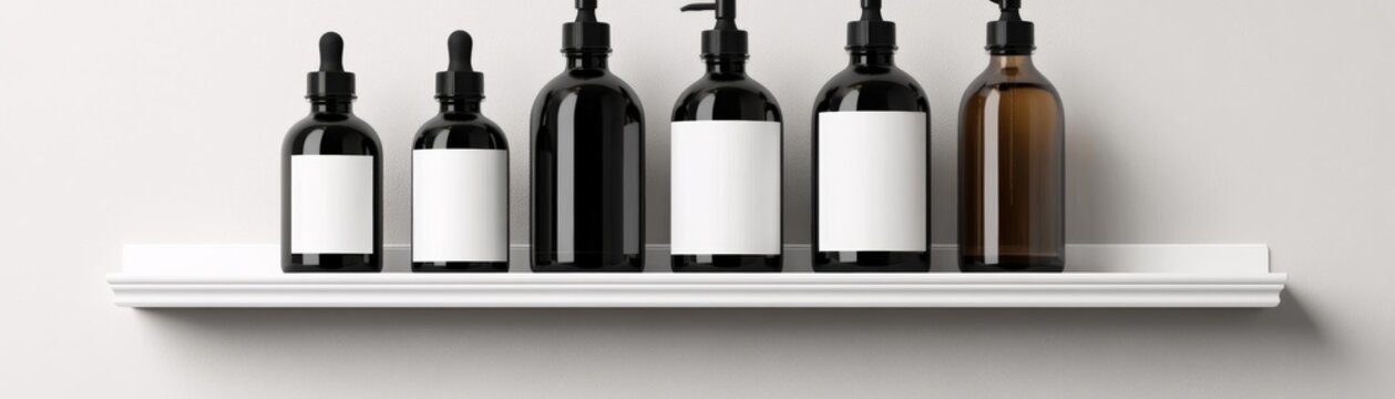 Minimalist composition of six sleek bottles with blank white labels on a white shelf, conveying a concept of essentialism and potential for branding., packaging, product