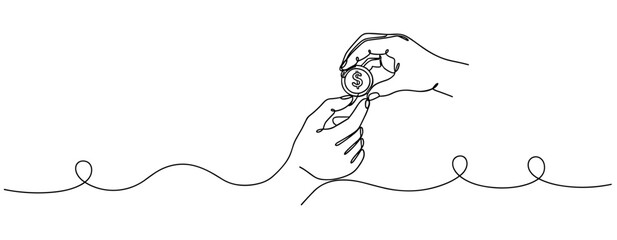 Obraz premium Continuous line art of hands exchanging dollar coin with simple design. No editable stroke