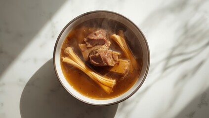 A bowl of ready-to-eat bone broth, seen from above