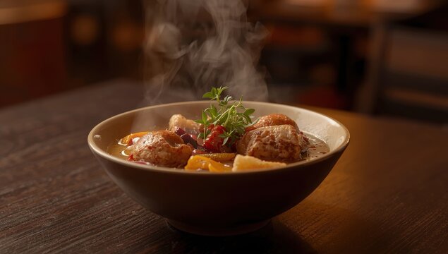 A bowl of rich soup filled with large bones, vegetables, and herbs rests on a dark wooden table