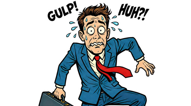 Stressed businessman in blue suit sweating.