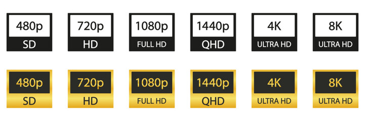 Video Resolution Icons Set. Hd, Full Hd, 2K, 4K, 8K Quality Black and Gold Symbol Collection. Multimedia And Technology Use. Video and TV Size Resolution Icons. Isolated Vector Illustration