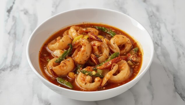 A colorful spicy cuttlefish curry in a white bowl on a marbled countertop, showcasing tender squid in a fragrant sauce with green chilies. 