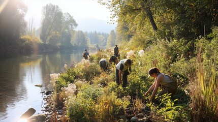 Volunteers work by the river to restore the banks and plant native species