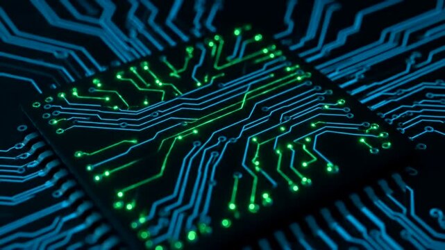 Close-up of glowing green circuit board.