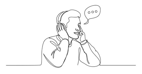 Young caucasian male listening to audio with headphones and thinking. No editable stroke
