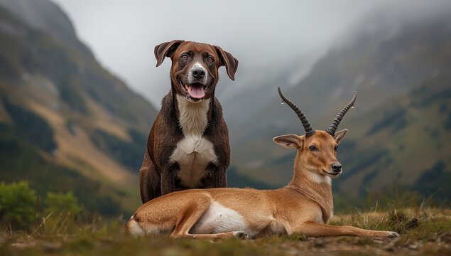 A hunting dog, pudelpointer, and a trophy from a young chamois on a rainy summer day in the mountains
