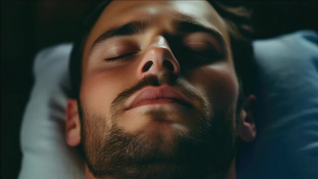 Close-up of man with eyes closed and lips slightly apart, looking peaceful while lying down on bed.