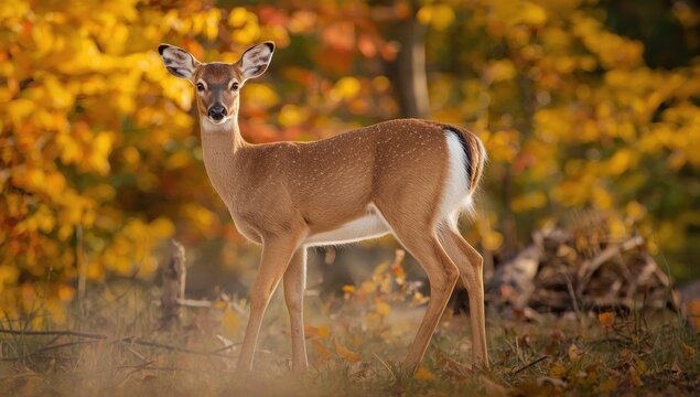A lovely white-tailed deer female is in the woods during autumn just after dawn