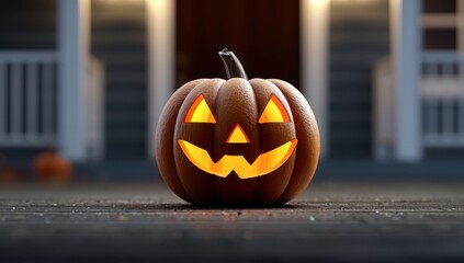 Fototapeta premium Spooky Jack-o'-lantern glowing on a porch at dusk, ready for Halloween night