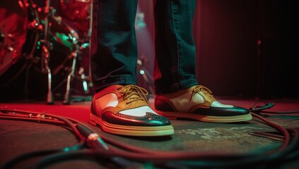 Fototapeta premium A musician's feet in fashionable two-tone shoes on stage by a drum kit, lit in red and green, with coiled mic cables nearby