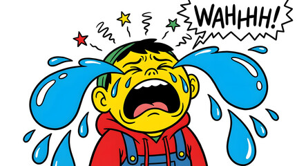 Crying Cartoon Boy with Tears Streaming.