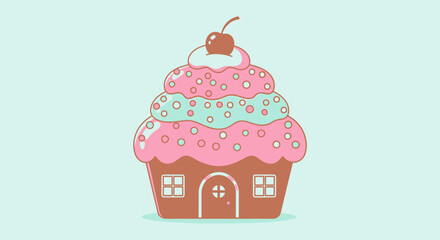 Whimsical confectionery cottage with frosted roof and a sweet cherry top, creating a delightful dessert dream house