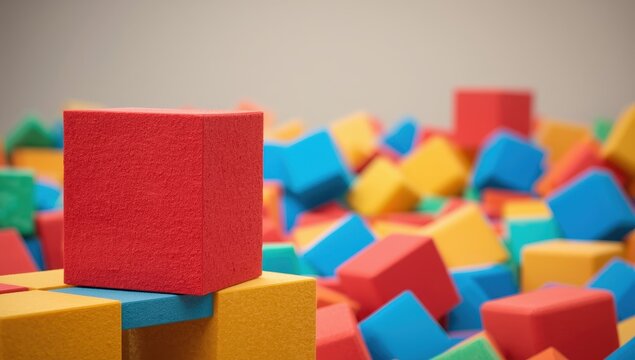 A pile of colorful foam blocks, commonly used in play areas like trampoline pits