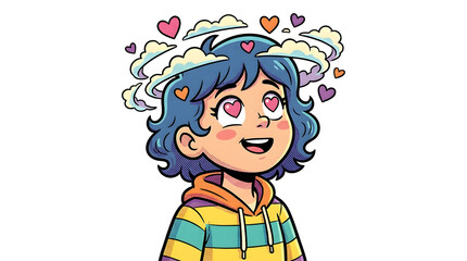Cartoon Girl with Hearts Around Head.
