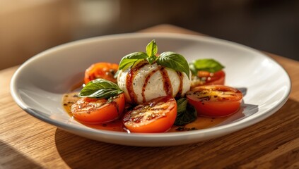 A refreshing summer salad of tomato, burrata, basil, and balsamic vinegar