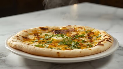 A serving of Indian garlic naan topped with fresh cilantro and butter