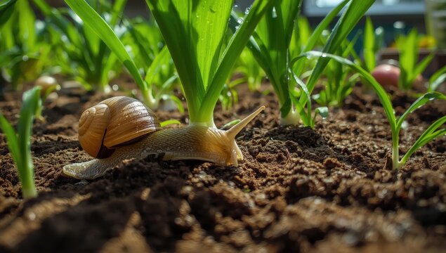 A shell-free snail and slug consume young spring vegetables like radishes in a garden