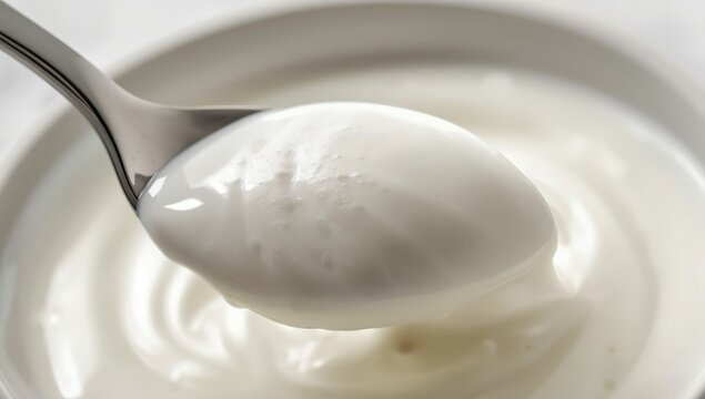 A spoon scooping rich, smooth yogurt, possibly homemade or plant-based