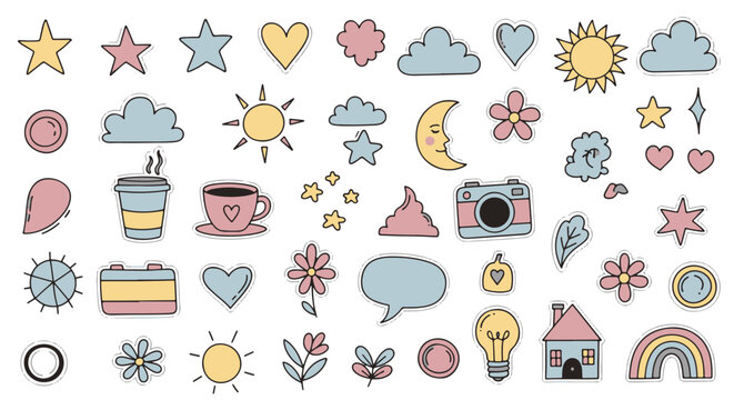 Collection of handdrawn doodle illustrations featuring various cute elements and shapes.