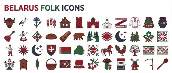 Obraz premium Collection of Belarus folk icons showing traditional symbols and elements of culture from different areas of Belarus