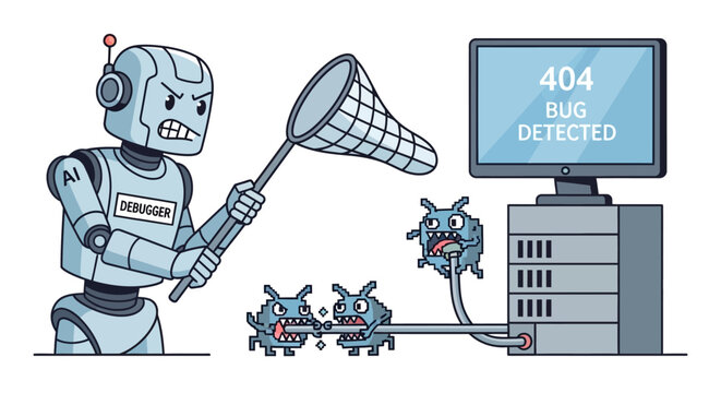 An AI robot debugger actively pursues and captures harmful software bugs connected to a computer server system, symbolizing efficient digital problem-solving and cyber security