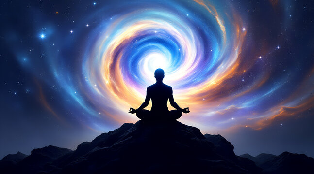 Silhouette of person meditating on a mountaintop with swirling cosmic nebula on transparent background high quality professional detailed modern elegant stylish