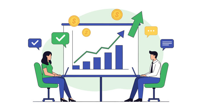 Two people discussing business over laptops at a modern meeting table with bar graph and floating coins illustration view