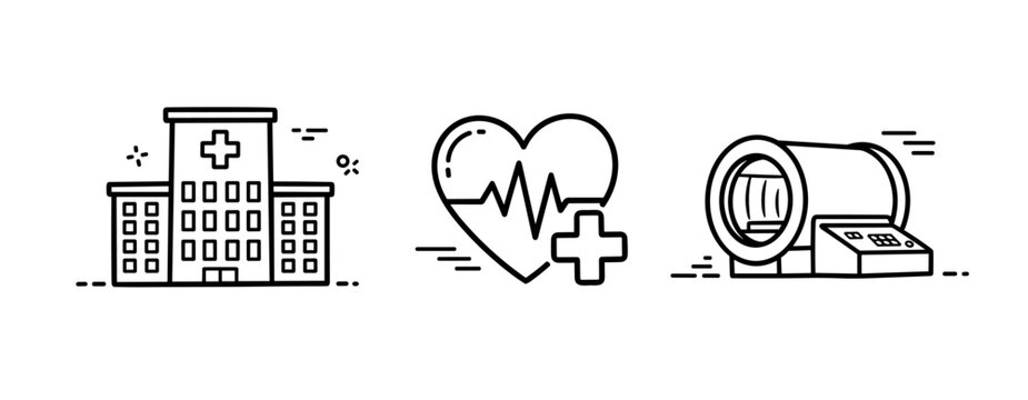 Hospital building and medical equipment icons: heart, mri scan