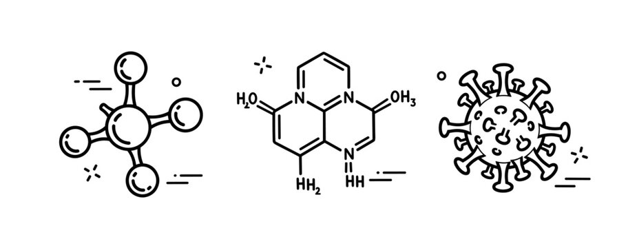 Molecular structures: methane, nicotine, coronavirus illustration in black and white