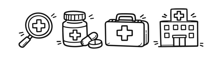 Fototapeta premium Medical icons set with magnifying glass, pills, first aid kit, and hospital
