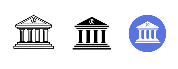 Fototapeta premium Three bank icon designs: classic, modern, and minimalist styles