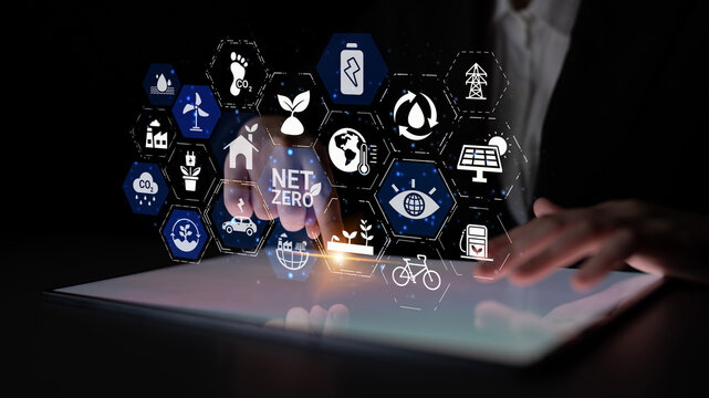 Net zero and sustainability concepts with environmental balance, digital sustainability icons, green energy goals, and eco-conscious digital business transformation for the future. Entice