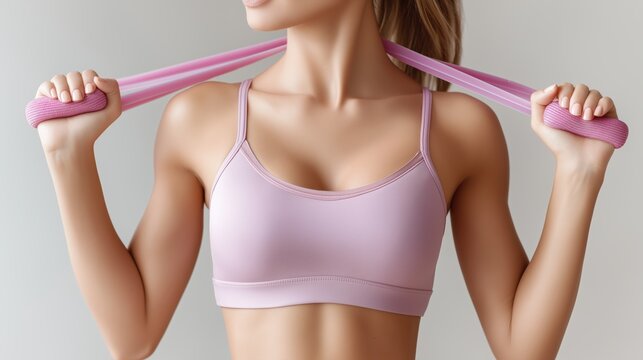 Woman stretching resistance band representing fitness training strength building and healthy lifestyle through regular exercise and physical activity