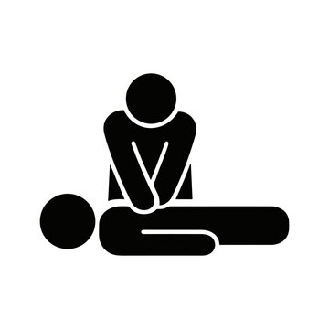 CPR, first aid, health care, medical emergency, life-saving, chest compression. Black solid icon vector illustration.