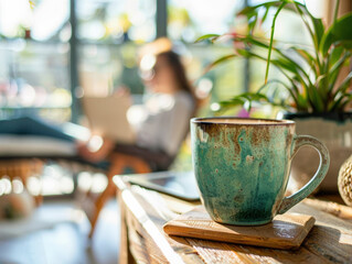 Cozy Morning Coffee Scene with Blurred Background 