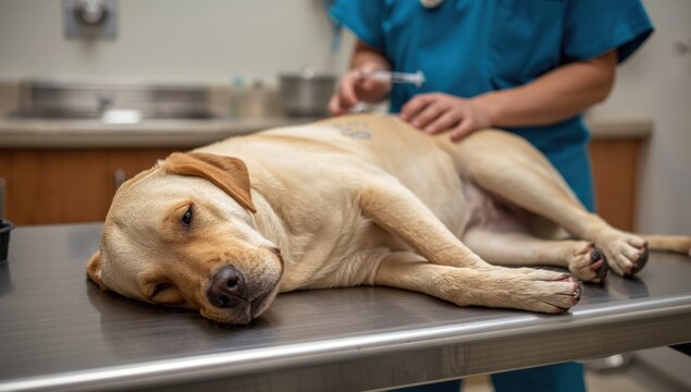 Aging labrador at the vet. Sick dog resting on the exam table