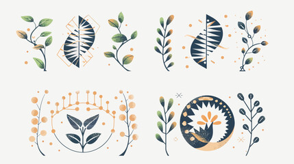 Stylized watercolor illustrations featuring leaf-like and geometric patterns on a creamy background