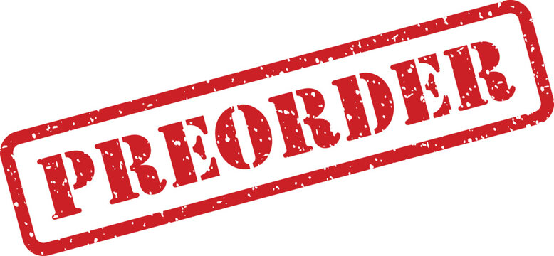 A red grunge textured PREORDER rubber stamp diagonally applied onto a simple white background surface