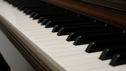 Naklejka premium An angled close-up of piano keys highlights the detailed black and white notes, suggesting music, creativity, education, and the grace of playing instruments