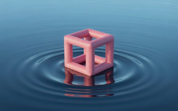 Pink impossible cube on calm water with ripples pink cube