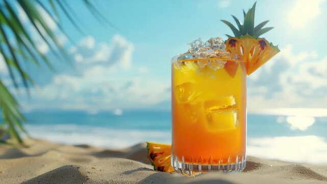 A delicious tropical drink garnished with a pineapple slice and sitting on sandy beach.