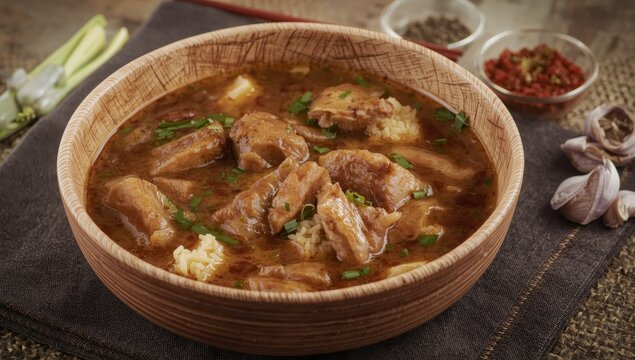 An exquisite serving of Indonesian rib soup with rice and seasonings