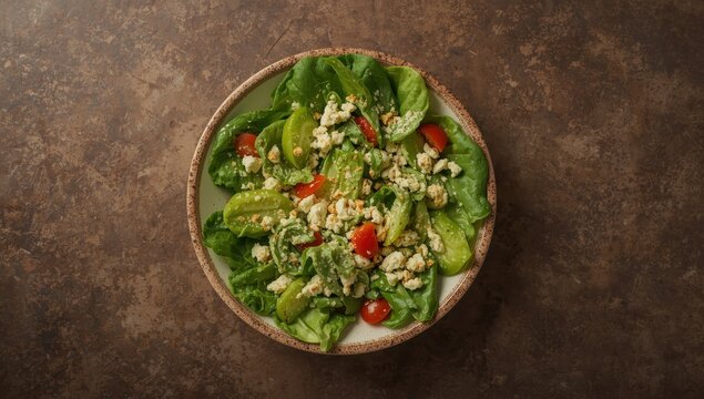 An overhead perspective of a Caesar salad as the backdrop