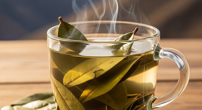 Steaming Bay Leaf Tea in Glass Mug.